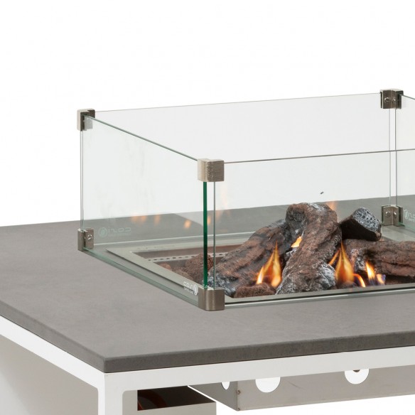 Table basse carrée avec feu central COSILOFT 100 en aluminium blanc avec plateau gris et verre trempé