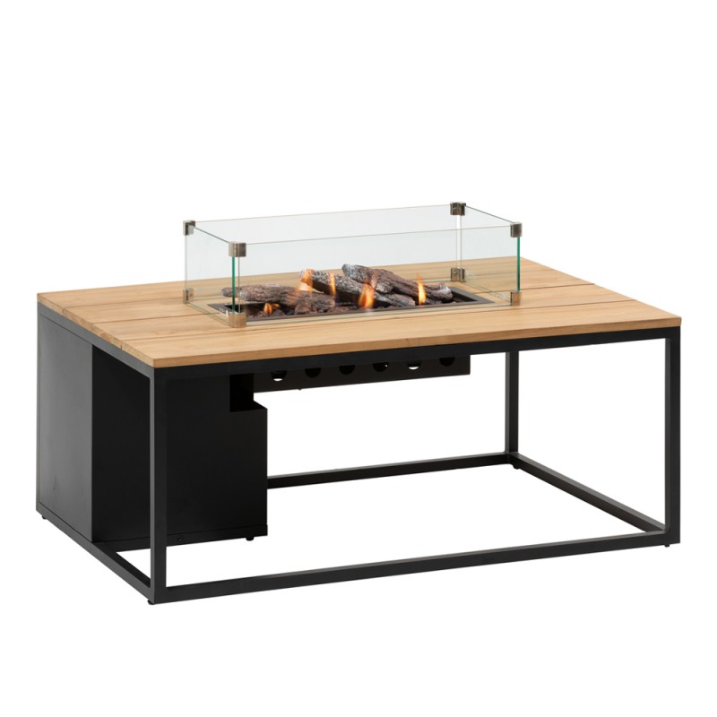 Table basse rectangulaire avec feu central COSILOFT 120 en aluminium noir avec plateau teck et verre trempé