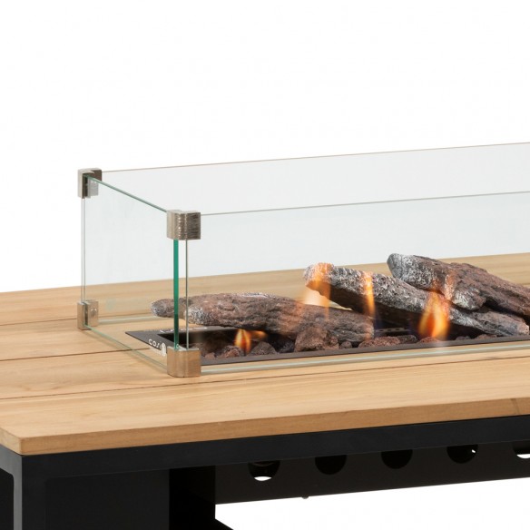 COSILOFT 120 Rectangular Coffee Table with Central Fire Pit Black frame with Teak Top and Tempered Glass