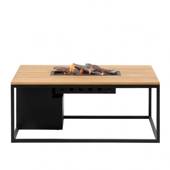Table basse rectangulaire avec feu central COSILOFT 120 en aluminium noir avec plateau teck et verre trempé