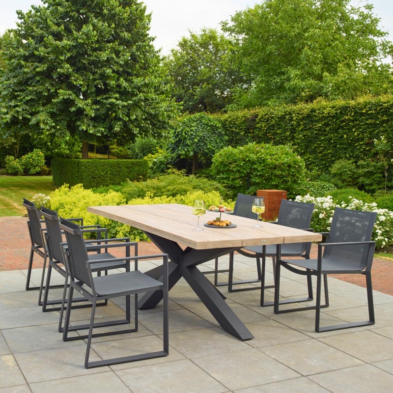 Table de jardin TIMOR en teck gris et aluminium anthracite 6 places L230