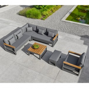 Salon de jardin SOHO CARBON 6 places gris aluminium avec accoudoirs en teck