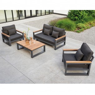 Salon de jardin SOHO BASALTE 4 places gris aluminium avec accoudoirs en teck 2