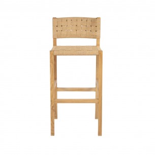 Tabouret de bar CORA piétement teck recyclé avec dossier et assise corde naturelle tressée H110cm