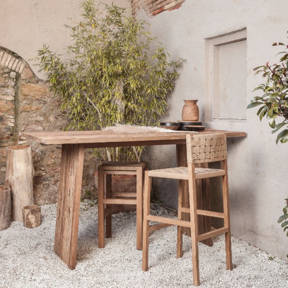 Tabouret de bar CORA piétement teck recyclé avec dossier et assise corde naturelle tressée H90cm