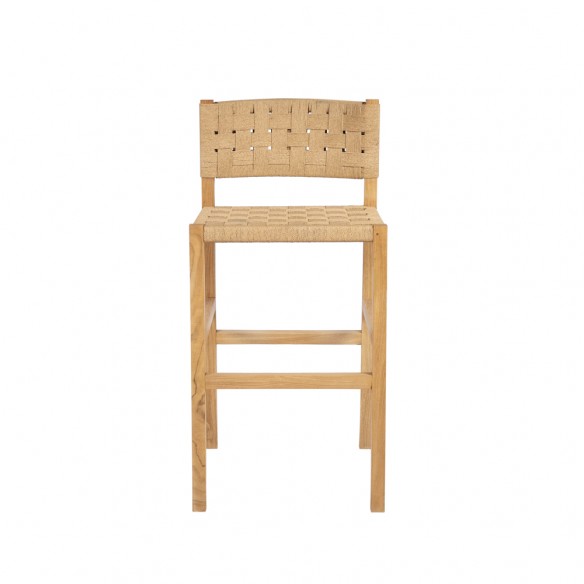 CORA Bar Stool in Reclaimed Teak Base with Backrest and Seat in Braided Natural Rope H90cm