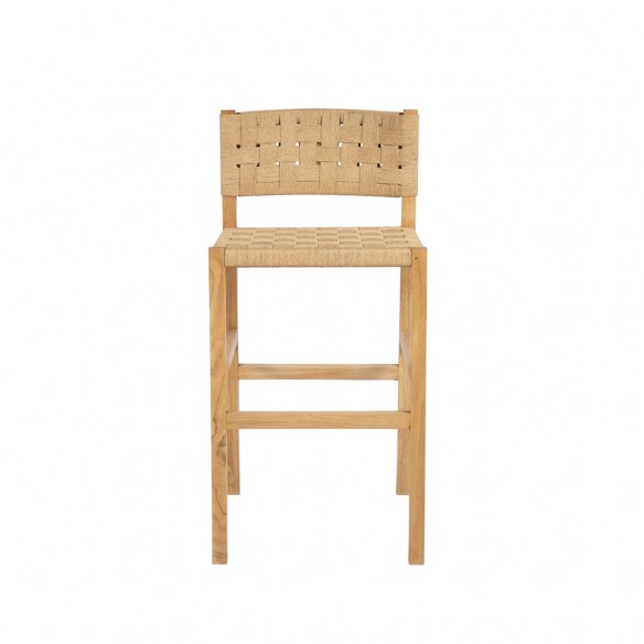 Tabouret de bar CORA piétement teck recyclé avec dossier et assise corde naturelle tressée H90cm