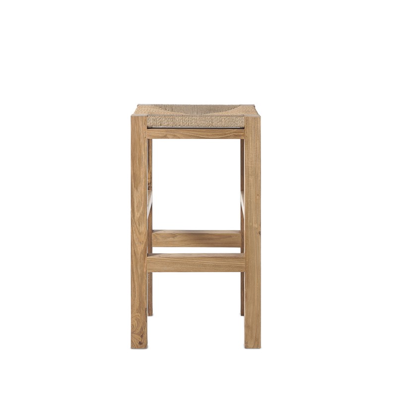 Tabouret de bar CORA piétement teck recyclé et assise corde naturelle tressée H75cm