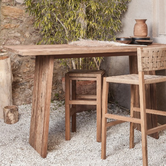 Tabouret de bar CORA piétement teck recyclé et assise corde naturelle tressée H75cm