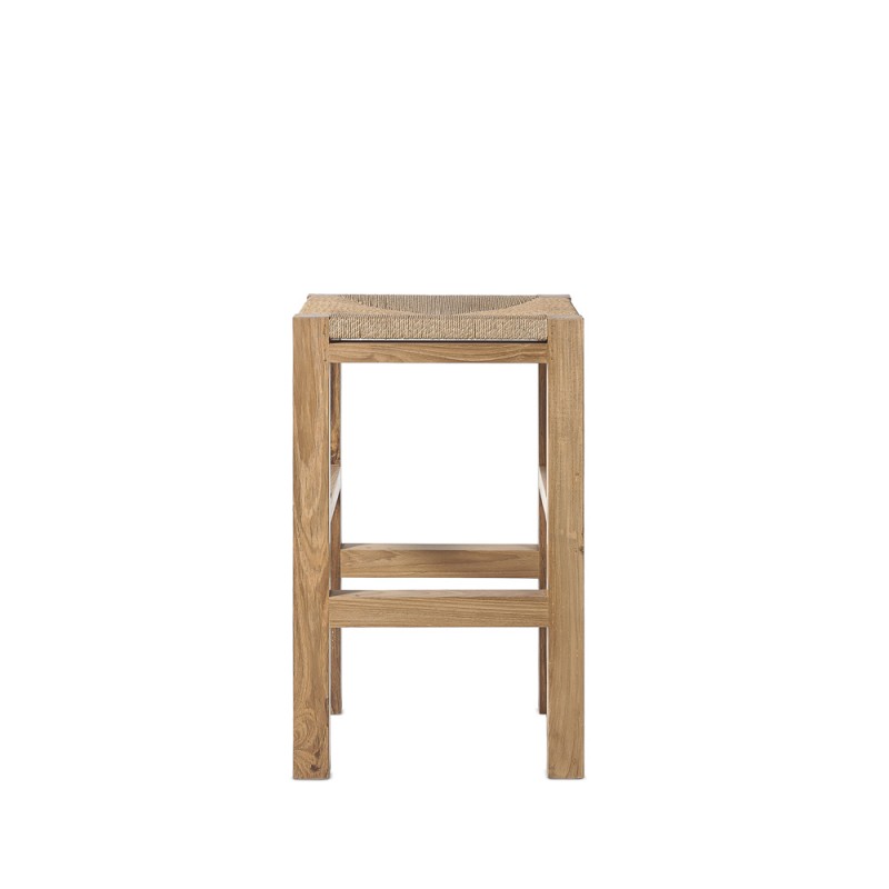 Tabouret de bar CORA piétement teck recyclé et assise corde naturelle tressée H61cm