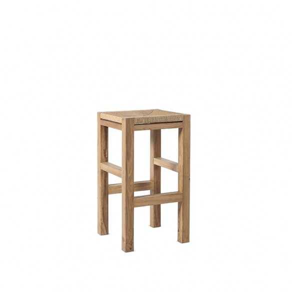 Tabouret de bar CORA piétement teck recyclé et assise corde naturelle tressée H61cm