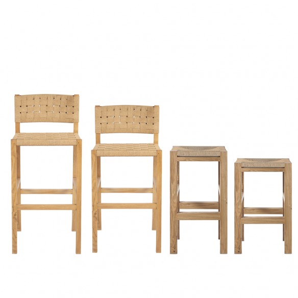 CORA Bar Stool in Reclaimed Teak Base with Backrest and Seat in Braided Natural Rope