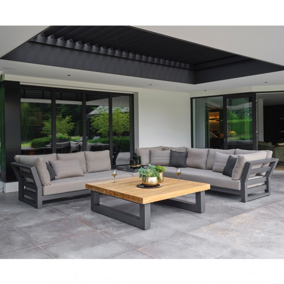 Salon de jardin NEVADA CARBON 5/6 places gris aluminium avec table basse et d’appoint en teck