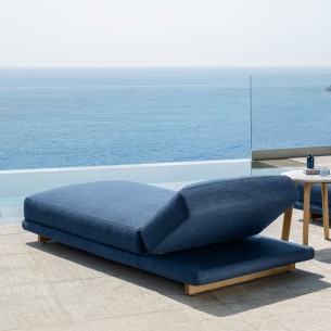 ALFERO Sun Lounger Natural Wood Colour and Ocean Blue Fabric