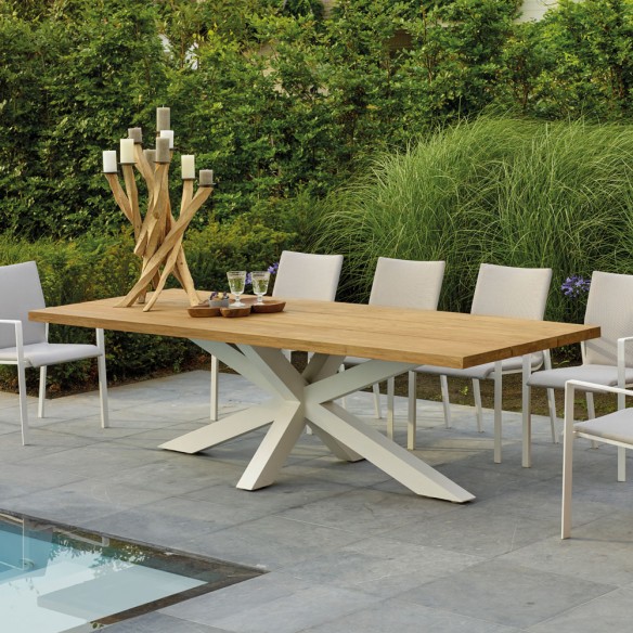 Table de jardin TIMOR en teck et aluminium blanc 8 places L280