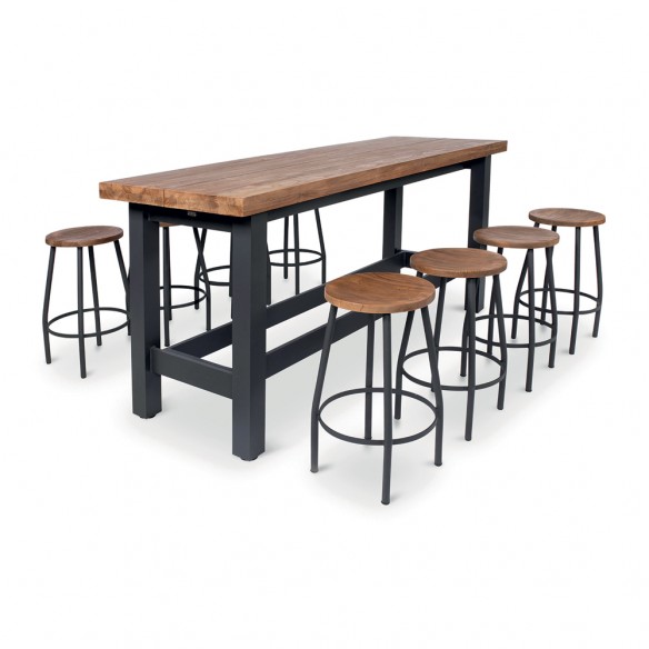 Ensemble Bar de jardin NEVADA en teck et aluminium anthracite avec 8 tabourets