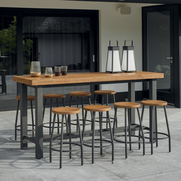 Ensemble Bar de jardin NEVADA en teck et aluminium anthracite avec 8 tabourets