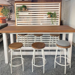 Ensemble Bar de jardin NEVADA en teck et aluminium blanc avec 8 tabourets