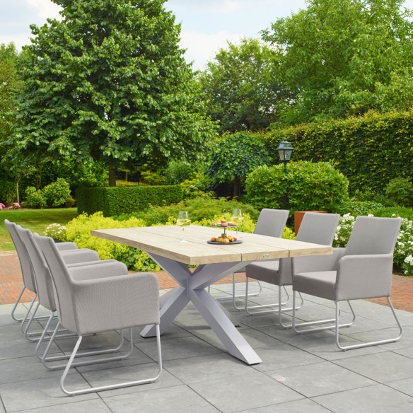 Table de jardin TIMOR en teck gris et aluminium blanc 8 places L280