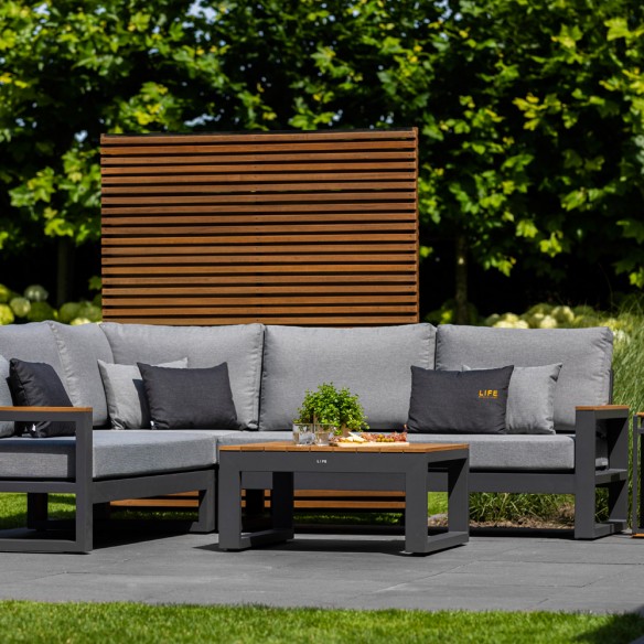 Salon de jardin SOHO MISTGREY 5 places gris aluminium avec accoudoirs en teck