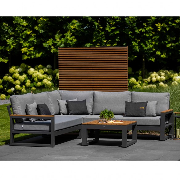 Salon de jardin SOHO MISTGREY 5 places gris aluminium avec accoudoirs en teck