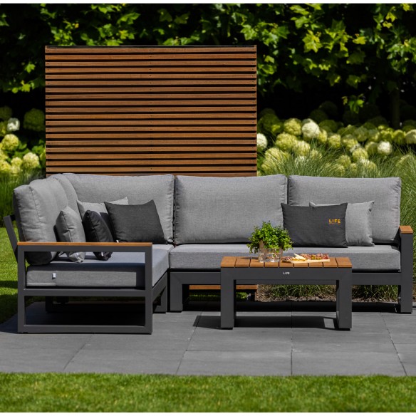 Salon de jardin SOHO MISTGREY 5 places gris aluminium avec accoudoirs en teck