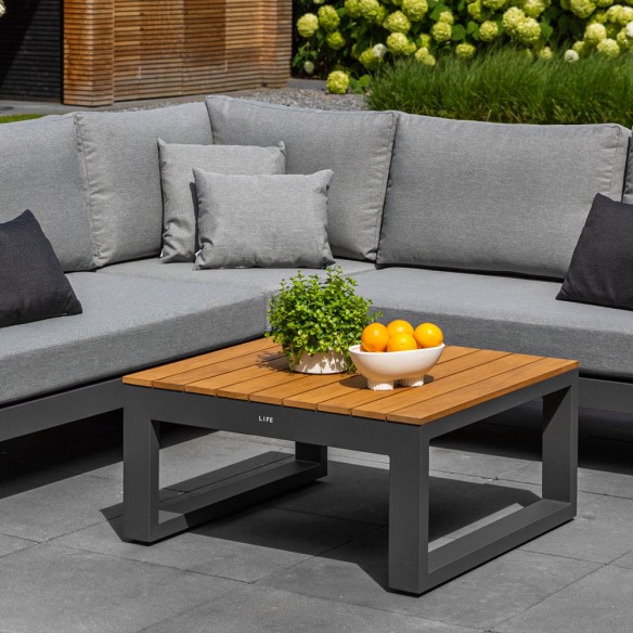 Salon de jardin SOHO MISTGREY 5 places gris aluminium avec accoudoirs en teck