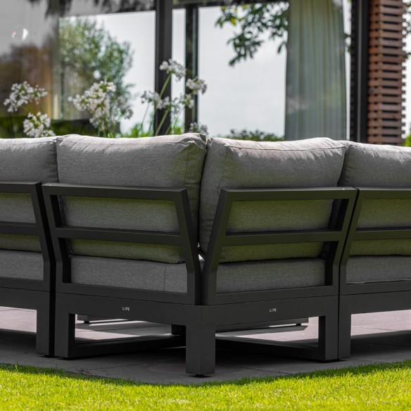 Salon de jardin SOHO MISTGREY 5 places gris aluminium avec accoudoirs en teck