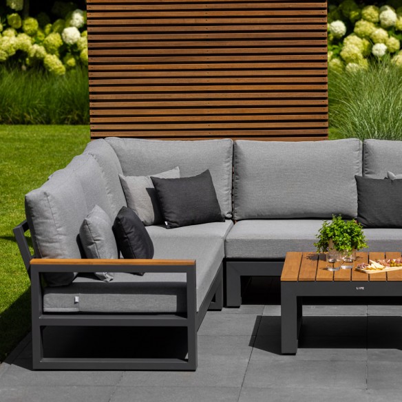 Salon de jardin SOHO MISTGREY 5 places gris aluminium avec accoudoirs en teck