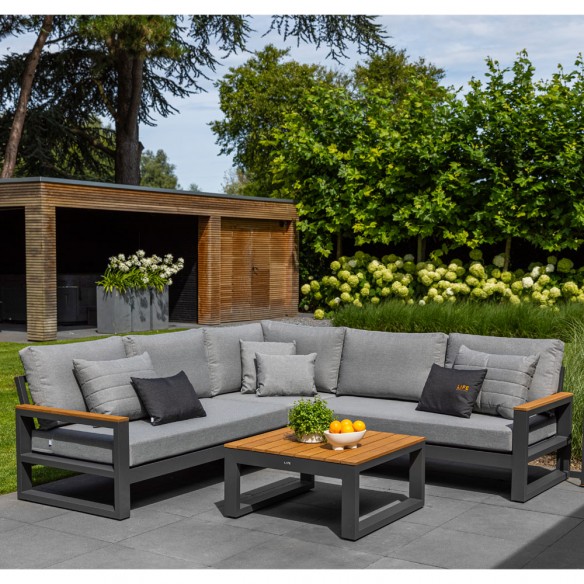 Salon de jardin SOHO MISTGREY 5 places gris aluminium avec accoudoirs en teck