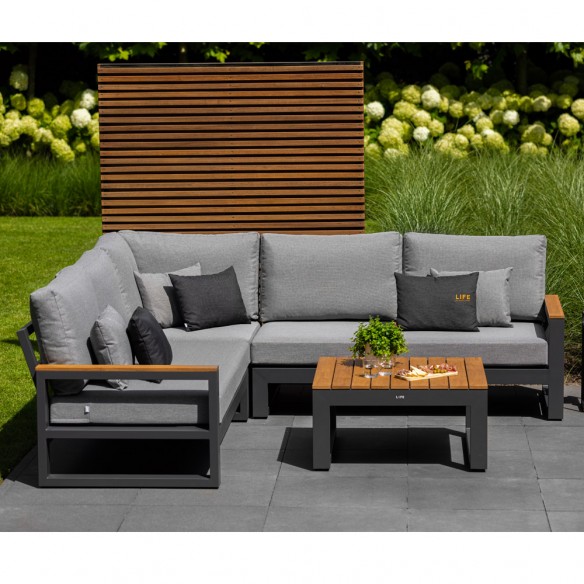 Salon de jardin SOHO MISTGREY 5 places gris aluminium avec accoudoirs en teck