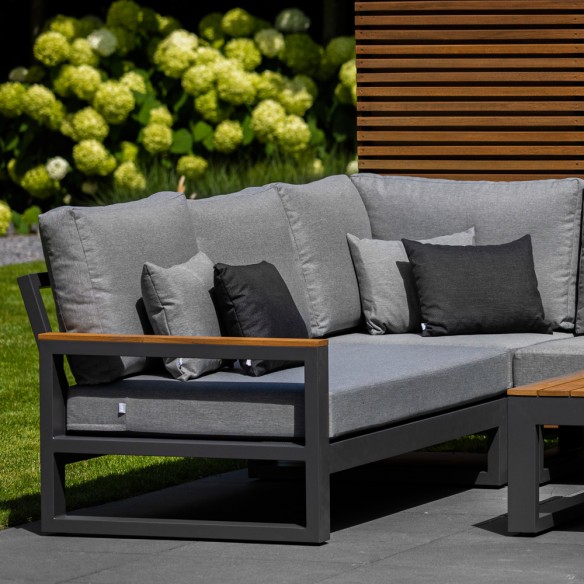 Salon de jardin SOHO MISTGREY 5 places gris aluminium avec accoudoirs en teck