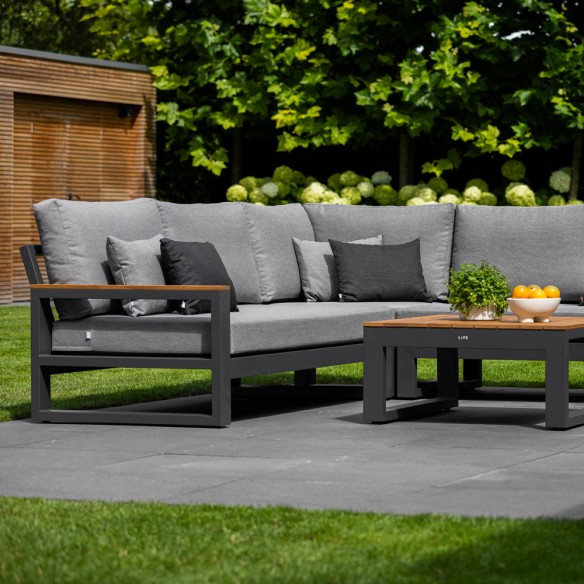 Salon de jardin SOHO MISTGREY 5 places gris aluminium avec accoudoirs en teck