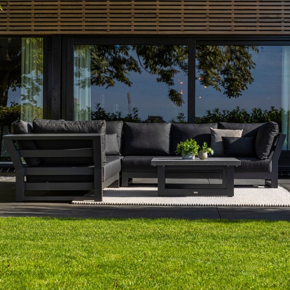 Salon de jardin NEVADA GRAPHITE 6 places gris aluminium avec table basse céramique aspect béton