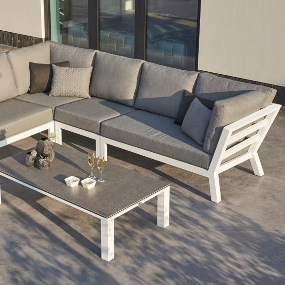 Salon de jardin TIMBER STEEL 6 places blanc aluminium avec table basse céramique aspect béton