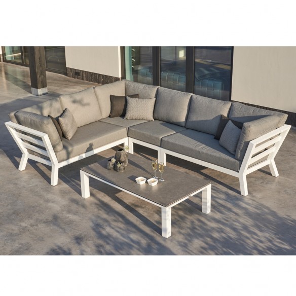 TIMBER STEEL Lounge Set 6 Seater Aluminium White with Concrete Look Ceramic Coffee Table