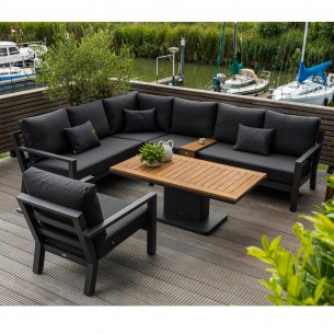 Salon de jardin TIMBER GRAPHITE 7 places gris aluminium avec table basse réglable en hauteur