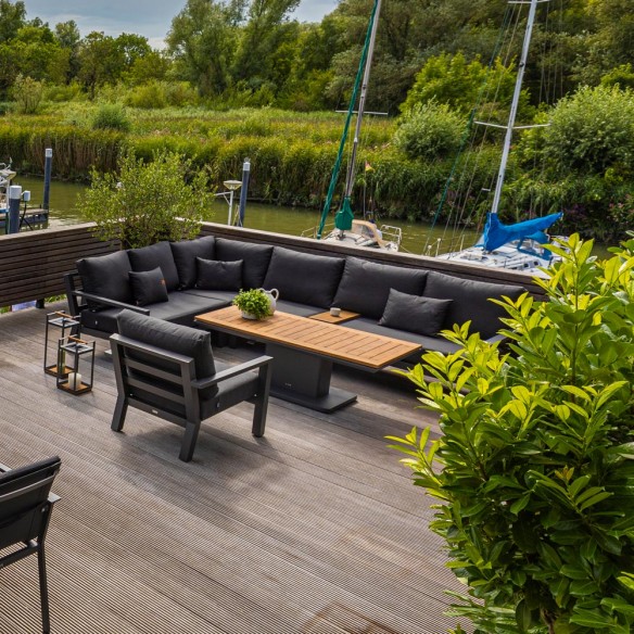 Salon de jardin TIMBER GRAPHITE 7 places gris aluminium avec table basse réglable en hauteur