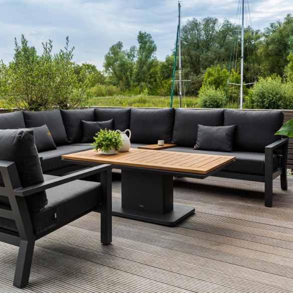 Salon de jardin TIMBER GRAPHITE 7 places gris aluminium avec table basse réglable en hauteur