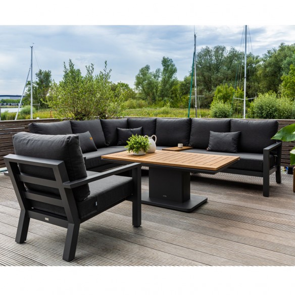 Salon de jardin TIMBER GRAPHITE 7 places gris aluminium avec table basse réglable en hauteur