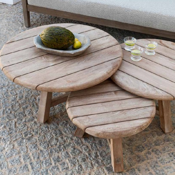 Trio de tables basses de jardin ANDY en teck recyclé gris naturel H32cm H37cm H42cm