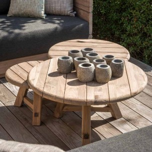 Trio de tables basses de jardin ANDY en teck recyclé gris naturel H32cm H37cm H42cm