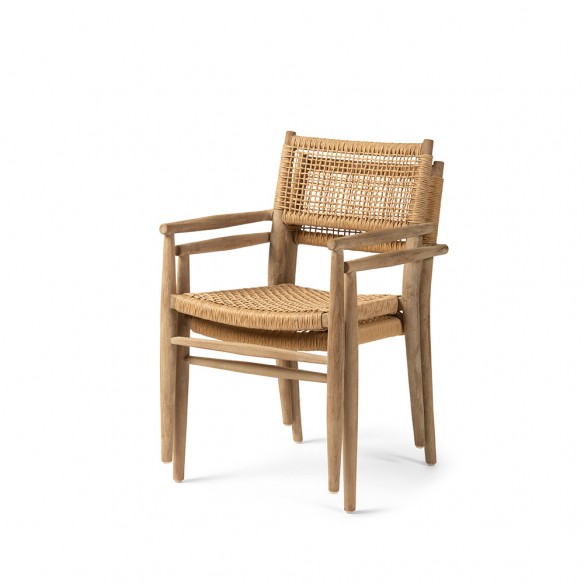 MONA Stackable Dining Chair in Reclaimed Teak with Armrests and Seat Cushion