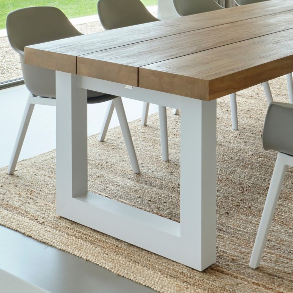 Table de jardin NEVADA en teck et aluminium blanc 8 places L320