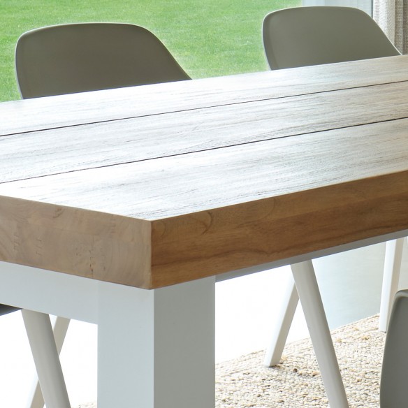 Table de jardin NEVADA en teck et aluminium blanc 8 places L320