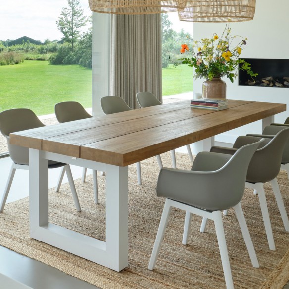 Table de jardin NEVADA en teck et aluminium blanc 8 places L320