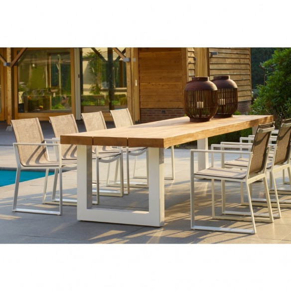 Table de jardin NEVADA en teck et aluminium blanc 8 places L320