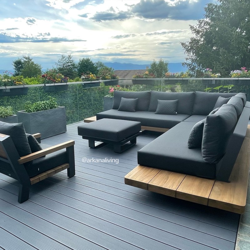 Salon de jardin FITZ ROY 7 places teck et gris graphite avec fauteuil et repose pieds