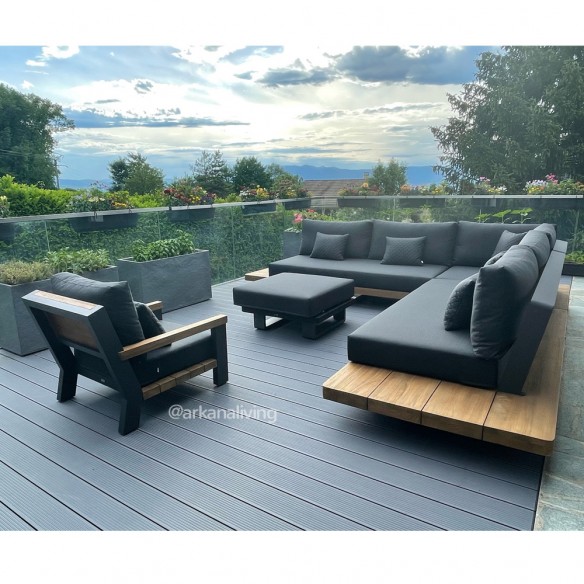 Salon de jardin FITZ ROY 7 places teck et gris graphite avec fauteuil et repose pieds