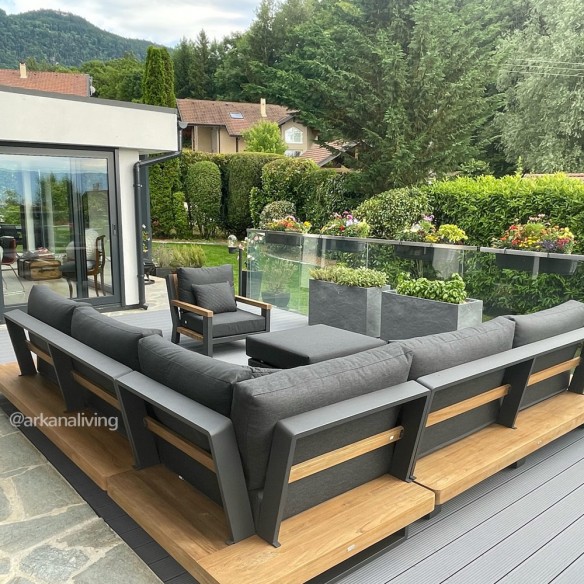 Salon de jardin FITZ ROY 7 places teck et gris graphite avec fauteuil et repose pieds